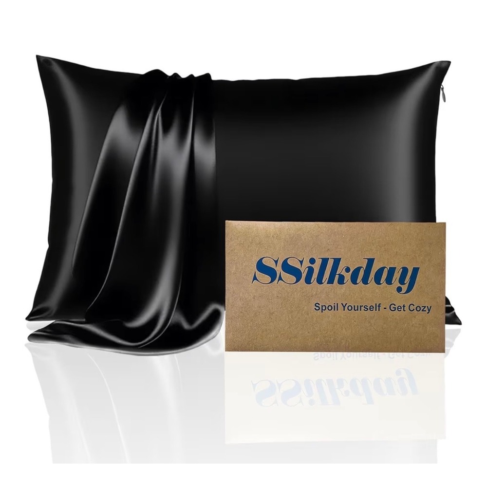 SSilkday Mulberry Silk Pillowcase Black Satin Cooling Hair Skin Hidden Zipper